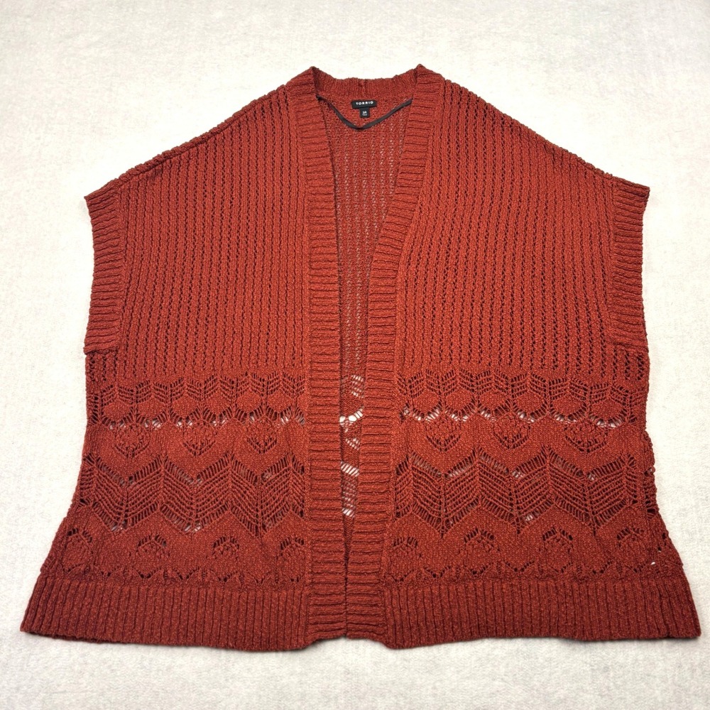 Torrid Cardigan Womens Plus 3/4 3X 4X Rust Orange Crochet Pointelle Sweater Vest